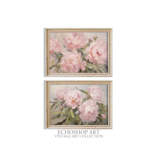 Coquette aesthetic gallery wall art set of 2, Vintage pink peony print, Girly balletcore painting, Soft pastel floral peonies bathroom decor