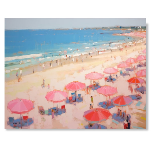 Vintage beach print, Pink beach print, Beach umbrella art, Retro coastal wall art, French Riviera print, Girly beach decor, Pastel surf art