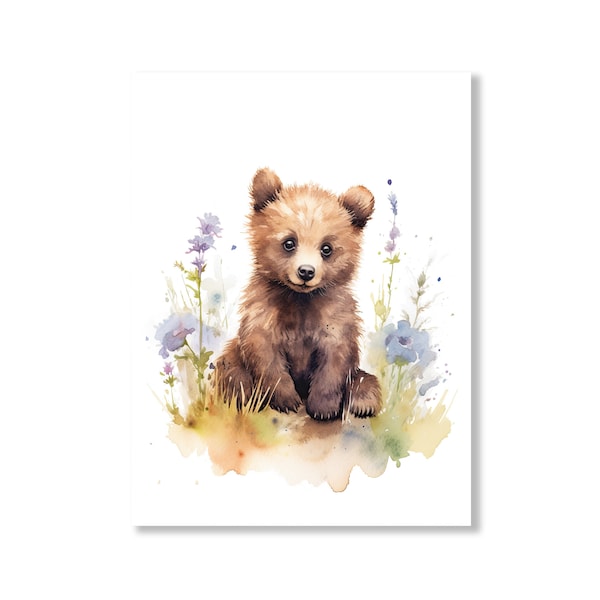 Bear cub art, Nursery wall art, Baby bear wall decor, Forest animals print, Woodland nursery art, Watercolor artwork, Boy Girl Kids bedroom