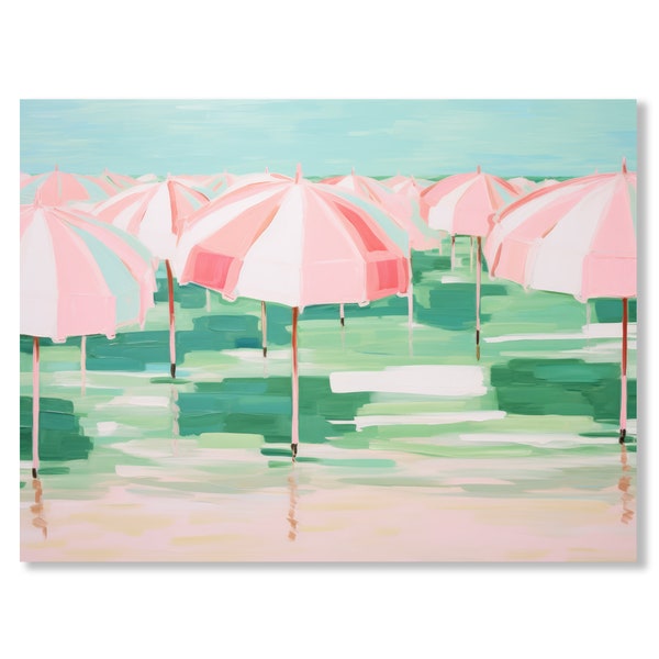 Beach umbrella print, Printable art, Pink umbrella print, Mint green bathroom wall art, Digital print, Girly decor, Summer landscape artwork