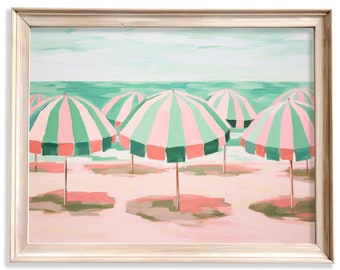 Beach Umbrella Print: Pink & Green Coastal Painting, Retro Wall Art (Digital Download)