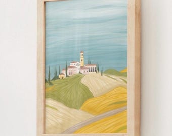 May include: A digital painting of a small village nestled on a hillside with rolling hills in the foreground. The village is painted in shades of pink, white, and yellow, with a tall tower in the center. The sky is a soft blue with white clouds.
