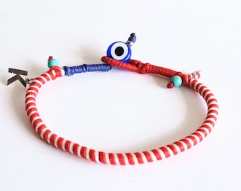 Martis Bracelet: Sterling Silver Initial, Evil Eye, Red White Cord