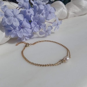 Double Gold Chain Pearl Bracelet, Single Pearl Bracelet, Freshwater Pearl Bracelet, Wedding Bracelet, Bridesmaid Gift, Christmas Gift