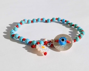 Evil Eye Bracelet: 925 Silver, Turquoise Beads, Flower Charm