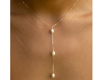 Collier lariat de perles, porte-bonheur, cadeaux de demoiselle d'honneur, cadeau de Noël, collier de mariage en Y or