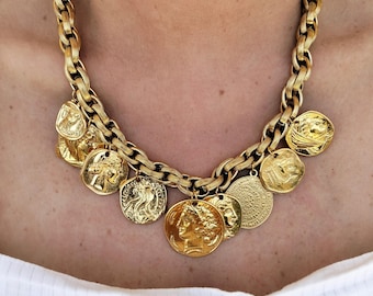 Multi coin necklace with 18k gold plated coins ,Lucky multi coin necklace, oversized gold chain necklace, gift for her,gift for mom
