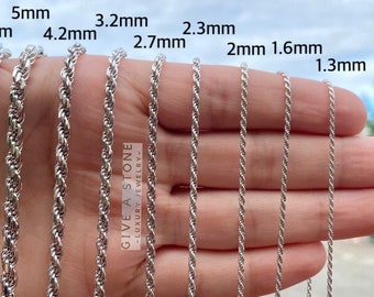 Solid Sterling Silver Rope Chain: Unisex Everyday Necklace (1.2mm-6.5mm)