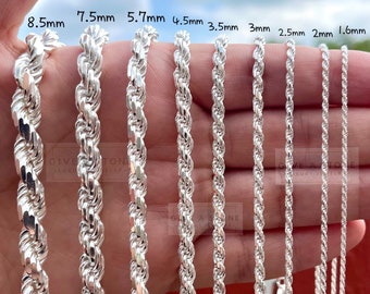 Twisted Rope Chain, SOLID 925 Silver Necklace, Diamond Cut, Men & Woman, 1.3mm 1.6mm 2mm 2.5mm 3mm 3.5mm 4.5mm 5.7mm 7.5mm 8.5mm BEST SELLER