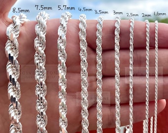 Twisted Rope Chain, SOLID 925 Silver Necklace, Diamond Cut, Men & Woman, 1.3mm 1.6mm 2mm 2.5mm 3mm 3.5mm 4.5mm 5.7mm 7.5mm 8.5mm BEST SELLER