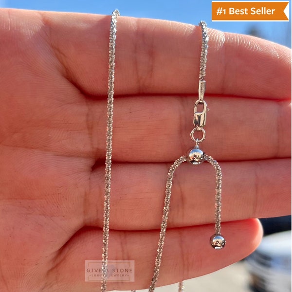 Adjustable 925 Sterling Silver Sparkle  Glitter Margarita Twisted Rock Chain Necklace, Up To 24 Inches 1.8mm, Dainty, Diamond Cut, Him/Her