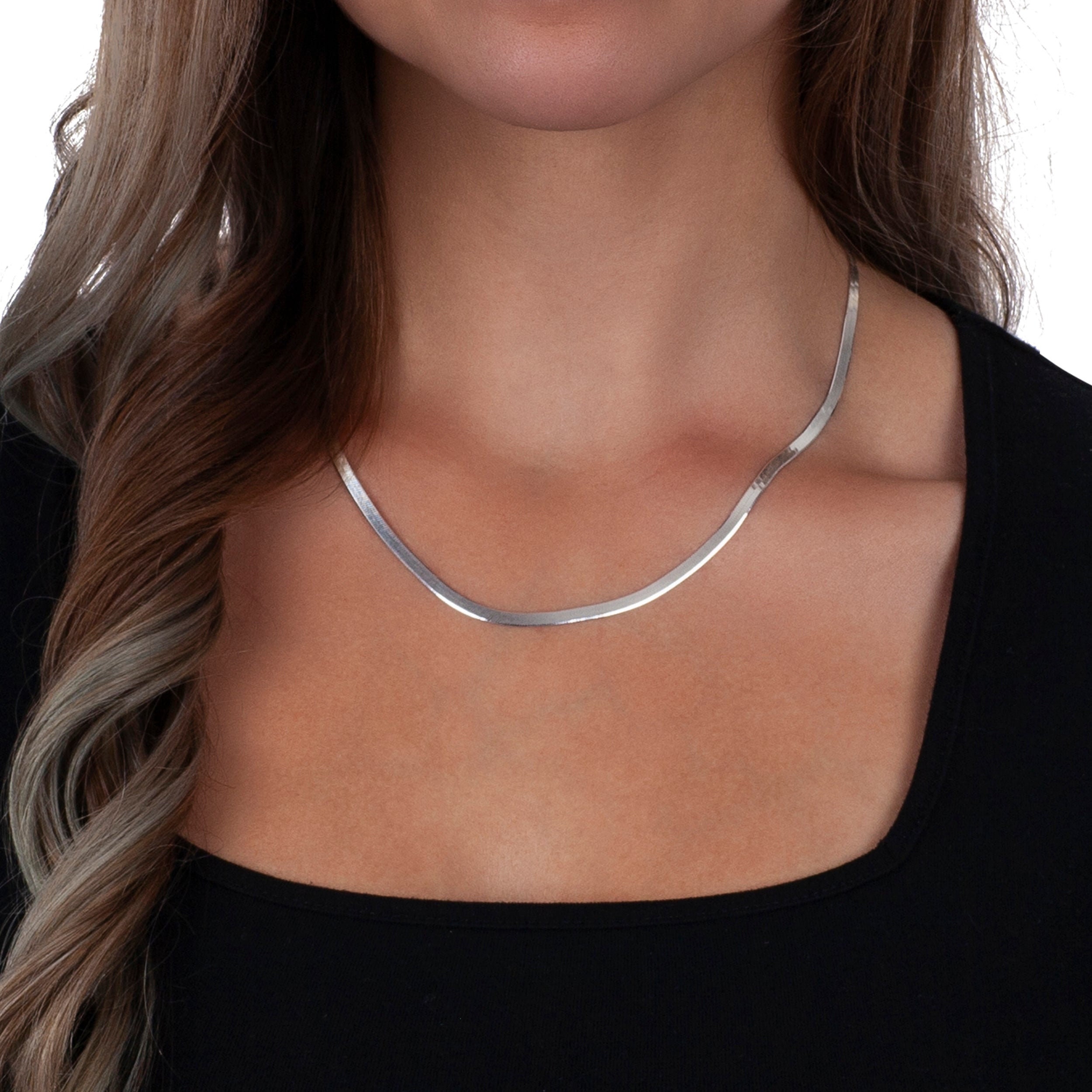 925 Sterling Silver Herringbone Necklace, Flex Layering 925 Sterling Silver Herringbone Necklace, Flex Layering