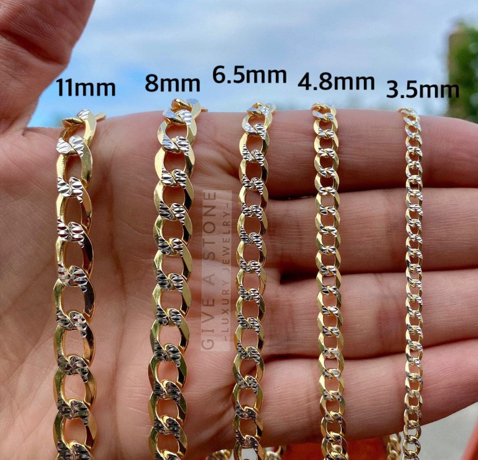 14K Two Tone Pave Curb Chain, All Sizes 16-30inches, Cuban, 2.5mm-8mm, For Men/Women, Over 925 Sterling Silver, BEST SELLER!!