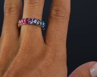 14K Gold Ring, Rainbow Eternity Band, Oval Cut  Sterling Silver, Gift For Her, Birthday Gift, SALE