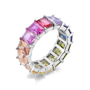 14K Gold Plated Sterling Silver Rainbow Emerald Cut Eternity Band