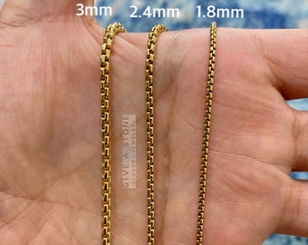 14K Gold Round Box Chain Necklace, 1.8mm, 2.4mm 3mm ,High Polished, Over Solid 925 Sterling Silver Size 16-24 Inches, GIFT for Him/Her, SALE
