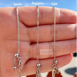 Adjustable 925 Sterling Silver Sparkle Margarita Rock, Singapore, Cable, Chain Necklace, Dainty Chain, Up To 24 Inches, 1.5mm, Gift  Him/Her