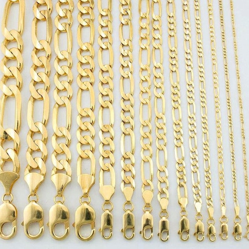 14K Gold Flat Figaro Chains Over 925 