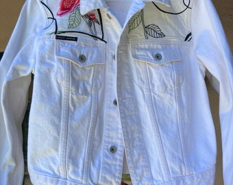 Upcycled white jean jacket with embroidery