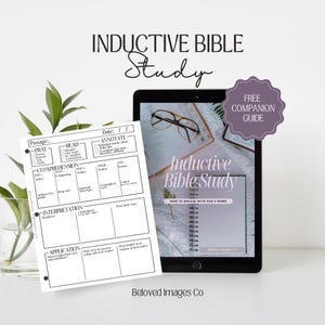 Op de afbeelding: Een zwart-witte printbare werkblaad voor inductieve bijbelstudie. De werkblaad bevat secties voor gebed, lezen, annoteren, begrip, interpretatie en toepassing. De titel "Inductive Bible Study" staat bovenaan de pagina.