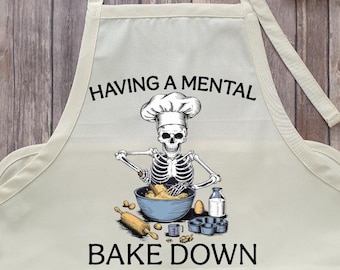 Delantal de repostería con esqueleto divertido: Mental Bake Down, largo completo con bolsillos
