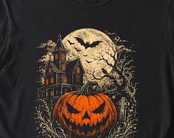 Vintage Halloween Shirt, Haunted House Tee, Jack O Lantern Shirt, Gothic Bat Halloween Shirt, Spooky Pumpkin Tee, Retro Fall Shirt, HA10