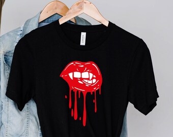 Camiseta de labios de vampiro, camiseta de Halloween, regalo de Halloween, camiseta espeluznante, camiseta de miedo, camiseta divertida de Halloween, camiseta de película de terror, camiseta de terror