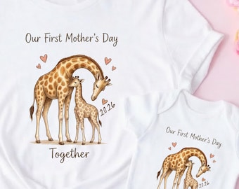 Custom First Mother's Day 2026 Shirt, Mom Baby Tee, Cute Giraffe Mama Daughter Son Tee, MA60