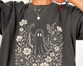 Comfort Colors® Floral Ghost Halloween Shirt, Wildflower Ghost Tee, Spooky Ghsot, HA84