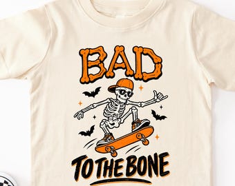 Bad To The Bone Halloween Shirt, Skeleton Skateboard Shirt, Adult Kids Halloween Tee, HK10