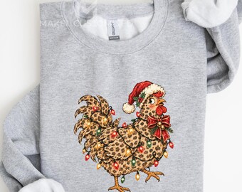 Leopard Christmas Chicken Shirt, Christmas Lights Sweatshirt, Funny Chicken Lover Gift, Farmhouse Christmas T Shirt,EM42