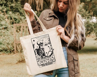 The Reader Tote Bag, Bookish Tote, Book Tarot Card Tote Bag, Skeleton Librarian Tote Bag, Reading Tote Bag, Gift For Book Lover, Cotton Tote