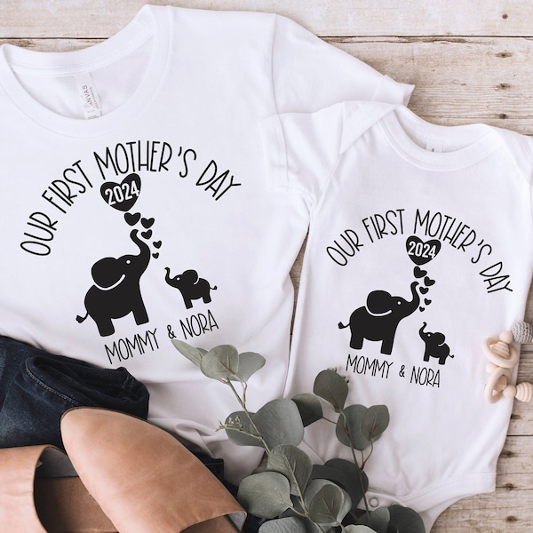 Our First Mother's Day 2024 Shirt, Matching Mommy And Me TShirt, Custom Mother's Day Gift, 1st Mothers Day Outfit, Elephant Mommy And Me Tee