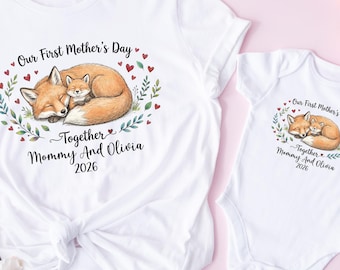 Custom First Mother's Day 2026 Shirt, Mom Baby Tee, Cute Fox Mama Daughter Son Tee, MA97