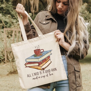 Tout ce dont j'ai besoin, c'est d'un bon livre et d'une tasse de thé, sac fourre-tout pour bibliothèque, cadeau d'anniversaire, cadeau de remise des diplômes, cartable, sac en toile d'été, CW32