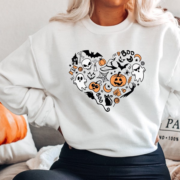 Doodles Halloween Sweatshirt, Halloween Heart Shirt, Cute Halloween Theme Tshirt, Halloween Graphic Illustration, Pumpkin Witch Ghost Spooky