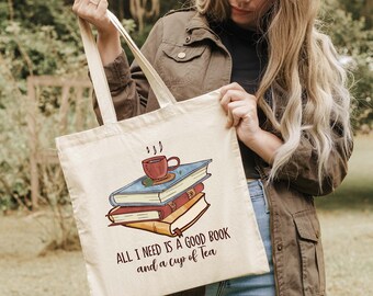 All i need is a good book and a cup of tea Tote Bag, Library Tote, Birthday Gift, Graduation Gift, School Bag,  Summer Canvas Bag, CW32