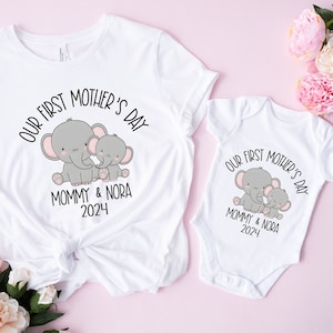 Notre première fête des mères 2025, t-shirt assorti, maman et moi, cadeau personnalisé pour la fête des mères, 1ère tenue de fête des mères, t-shirt éléphant, maman et moi, MO57