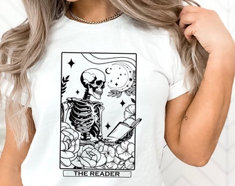 The Reader Tarot Skeleton Book Lover Sweatshirt, Skeleton Reading Book, Halloween Book Skeleton Shirt, Book Lover Gift, Bookish shirt, SB57