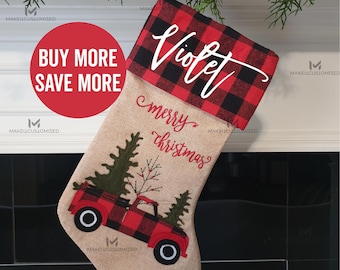 PERSONALIZED Christmas Stocking, Buffalo Plaid Red Truck Stockings, Custom Name Christmas Decoration, Linen Christmas Stocking, Dog And Ca