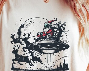 Alien Santa Claus Reindeer and UFO Shirt,Space Santa Hoodie, Xmas Sweatshirt, Funny Sata Alien Sweatshirt CR90
