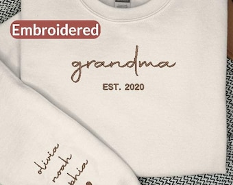 Custom Embroidered Grandma Sweatshirt with Grandkids Names On Sleeve, Personalized Gramma Hoodie, Crewneck, EM60