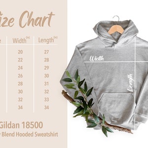 May include: Size chart for a Gildan 18500 Heavy Blend Hooded Sweatshirt. The chart shows the width and length in inches for sizes S through 5X.