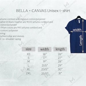May include: A size chart for a unisex t-shirt. The chart shows the size, width, and length in inches. The t-shirt is made of 52/48 airlume combed and ringspun cotton/polyester. Gray Heather and Black Heather are 90/10 airlume combed and ringspun cotton/polyester. Heather Prism colors are 99/1 airlume combed and ringspun cotton/polyester. The t-shirt has a coverstitched collar and sleeves, and shoulder-to-shoulder taping.