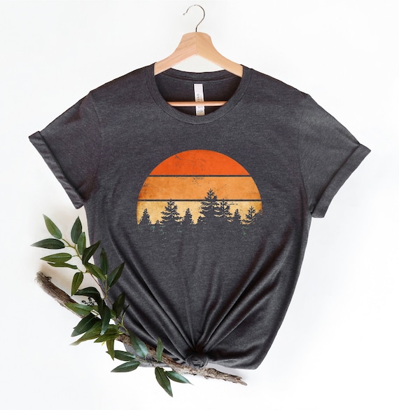 Pine Tree Retro Sunset Shirt, Camping Tshirt, Forest Themed Tee, Tree Shirt, Wildlife Tee, Wilderness Sweater, Hiking Crewneck,