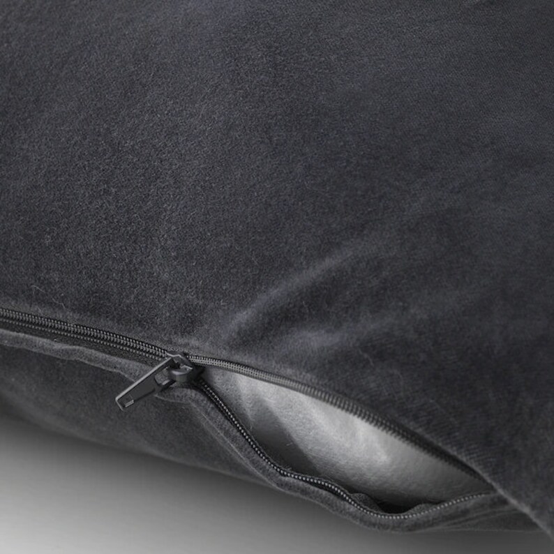 May include: A dark gray pillow with a zipper closure. The zipper is open, revealing the gray fabric lining.