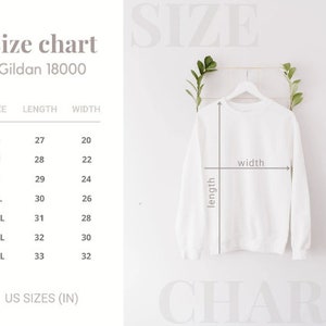 May include: Size chart for Gildan 18000 sweatshirts, showing measurements in inches for length and width, for sizes S through 4XL.