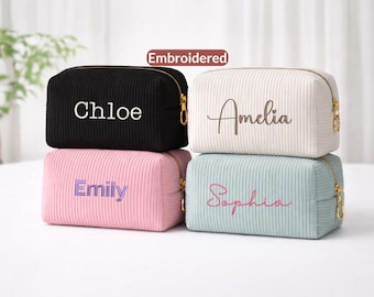 Personalized Embroidered Corduroy Makeup Bag, Custom Makeup Bag, Bridesmaid Gift, Women's Cosmetic Bag, Em0