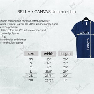 May include: A size chart for a unisex t-shirt. The chart shows the size, width, and length in inches. The t-shirt is made of 52/48 airlume combed and ringspun cotton/polyester. Gray Heather and Black Heather are 90/10 airlume combed and ringspun cotton/polyester. Heather Prism colors are 99/1 airlume combed and ringspun cotton/polyester. The t-shirt has a coverstitched collar and sleeves, and shoulder-to-shoulder taping.