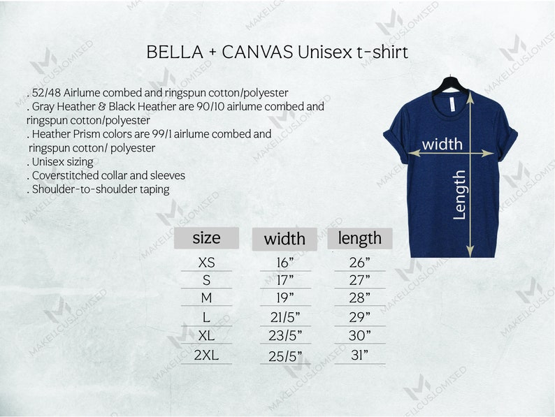 May include: A size chart for a unisex t-shirt. The chart shows the size, width, and length in inches. The t-shirt is made of 52/48 airlume combed and ringspun cotton/polyester. Gray Heather and Black Heather are 90/10 airlume combed and ringspun cotton/polyester. Heather Prism colors are 99/1 airlume combed and ringspun cotton/polyester. The t-shirt has a coverstitched collar and sleeves, and shoulder-to-shoulder taping.